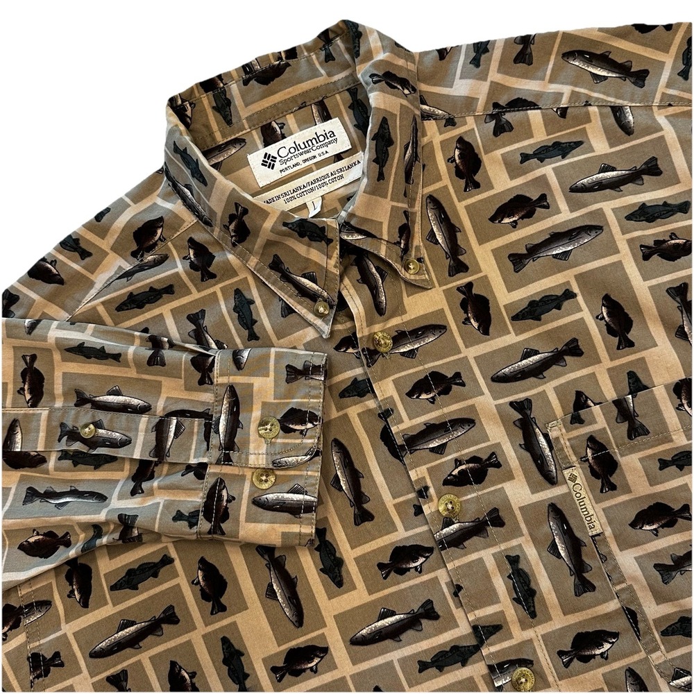 Columbia Sportswear‎ Mens Large L Fish Print Button Down Shirt Long Sleeve Tan